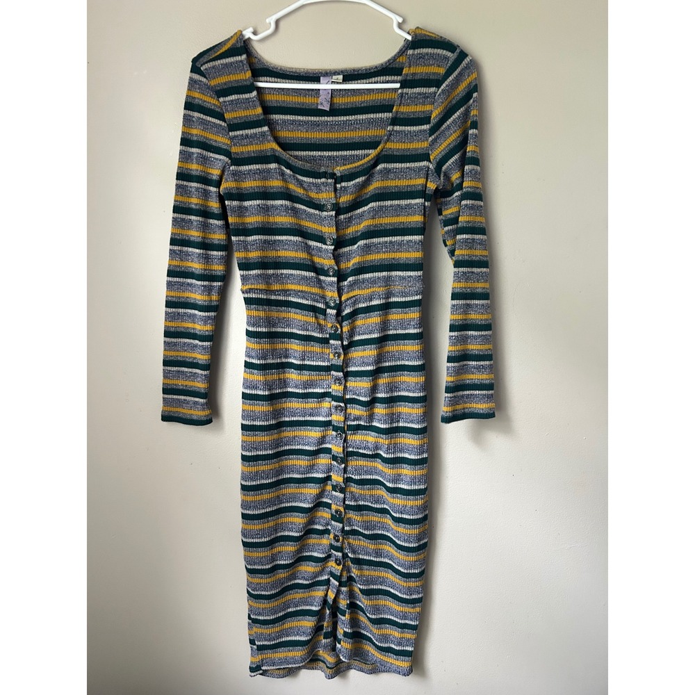 Alya Striped Button Front Ribbed Bodycon Midi Dress Normcore Preppy‎